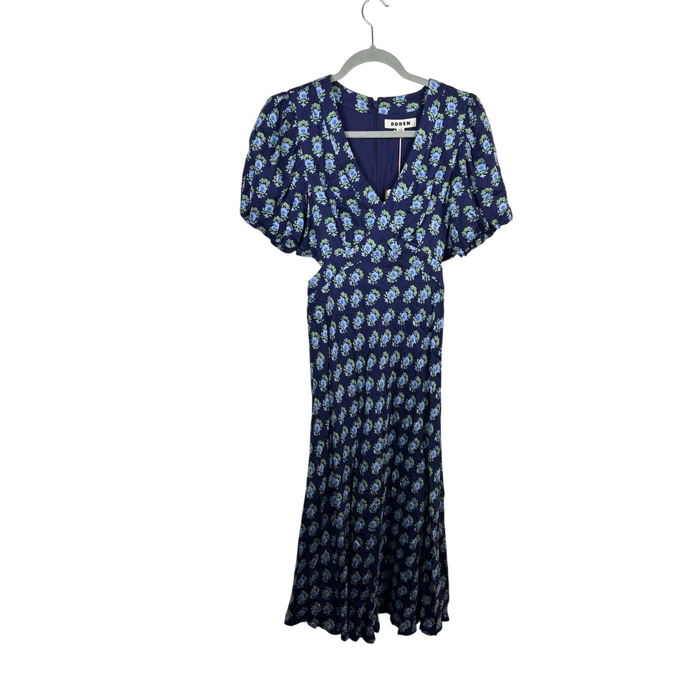 Boden Floral Cut-Out Midi Dress Women 6R Navy Blue NWT Short Puff Sleeve V-Neck